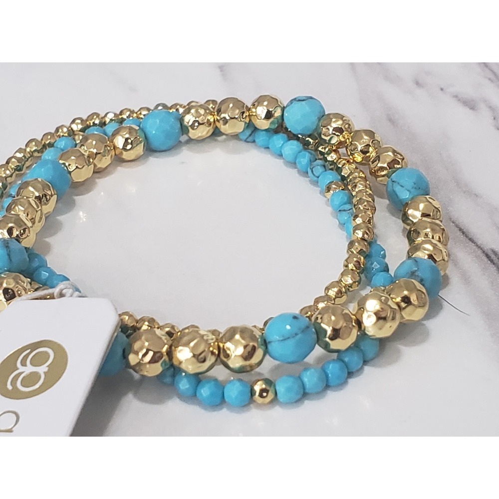 Gorjana Gypset Bracelet Set 18k Gold Plated Turquoise Stone STRETCH Beaded Set